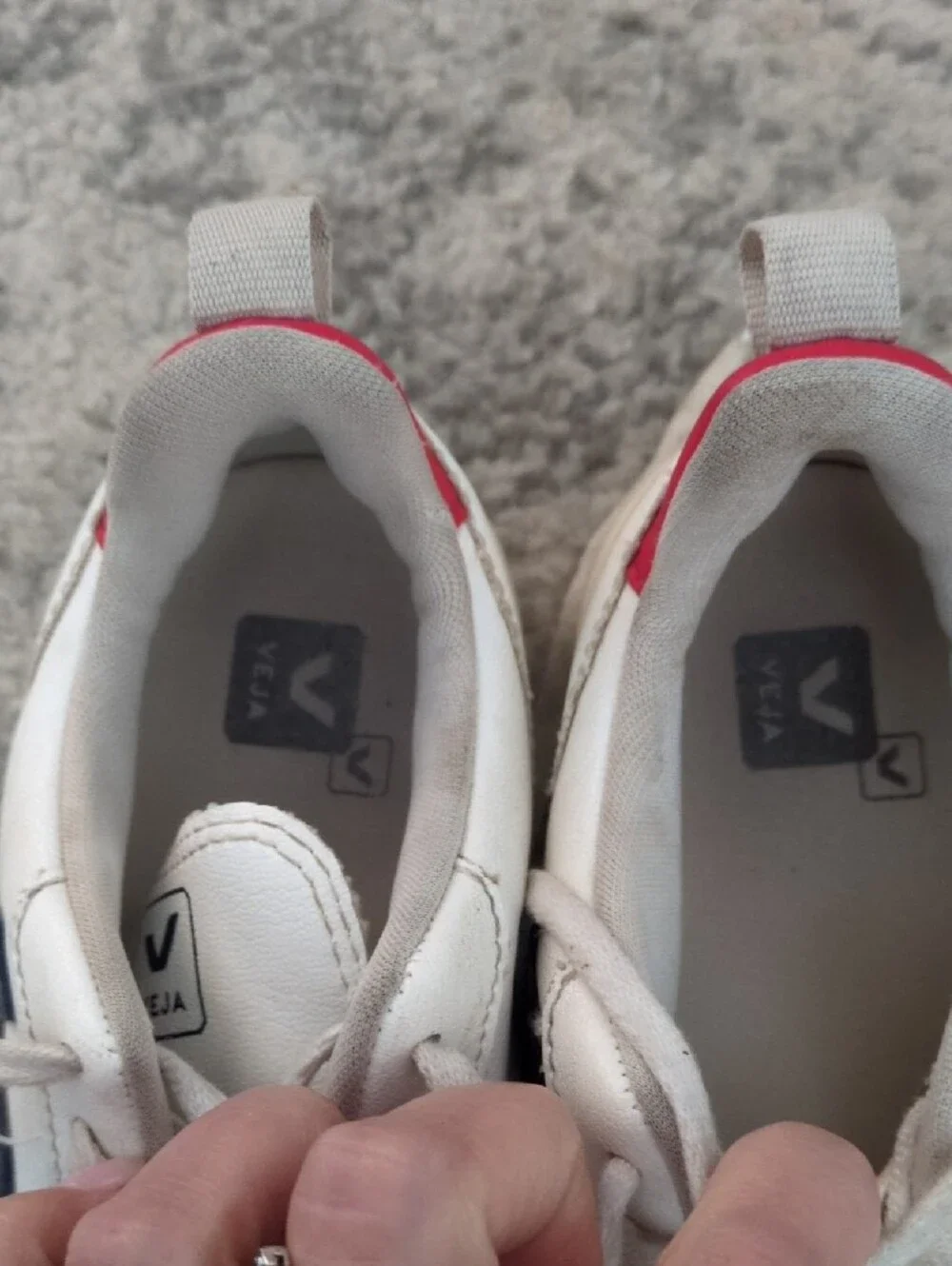 Veja Kids White Leather Sneakers with Navy V and Red Heel Tab